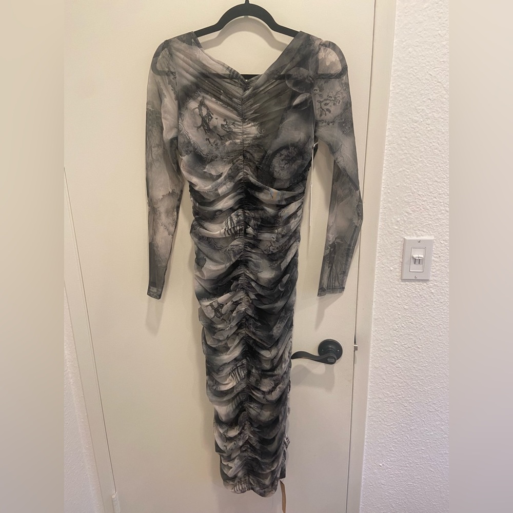Reformation Black and Gray Ruched Mesh Midi Dress